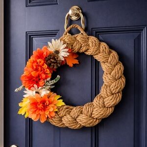 Fall Farmhouse Rope Wreath 18” Rustic Autumn Floral Door Decor Orange Maple